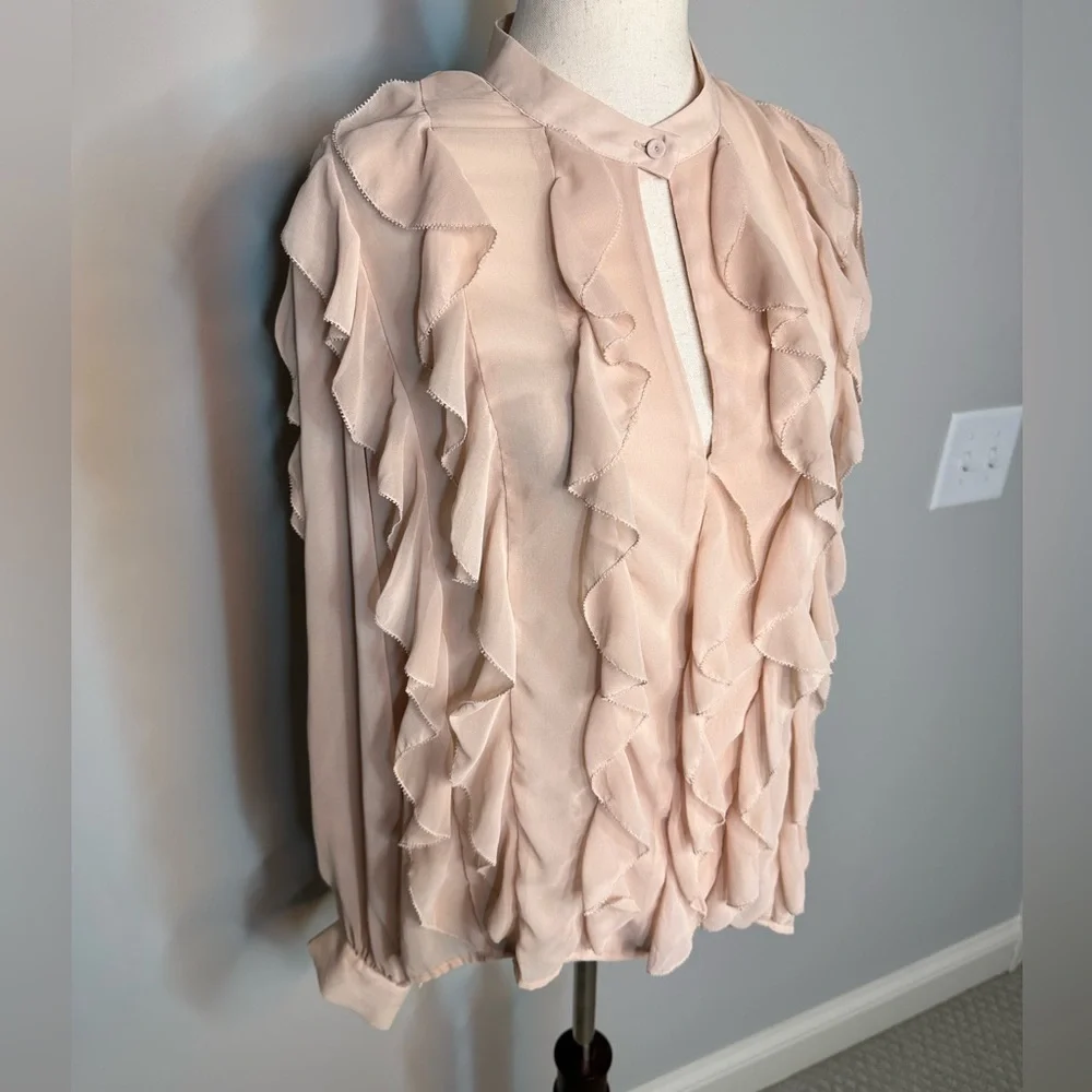 Sz M BCBG Maxazria blush pink ruffled long sleeve key hole sheer blouse